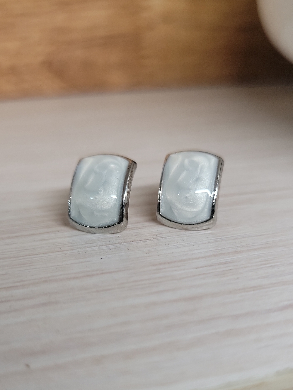 Silver-tone Pearly White Enamel Curved Stud Earrings